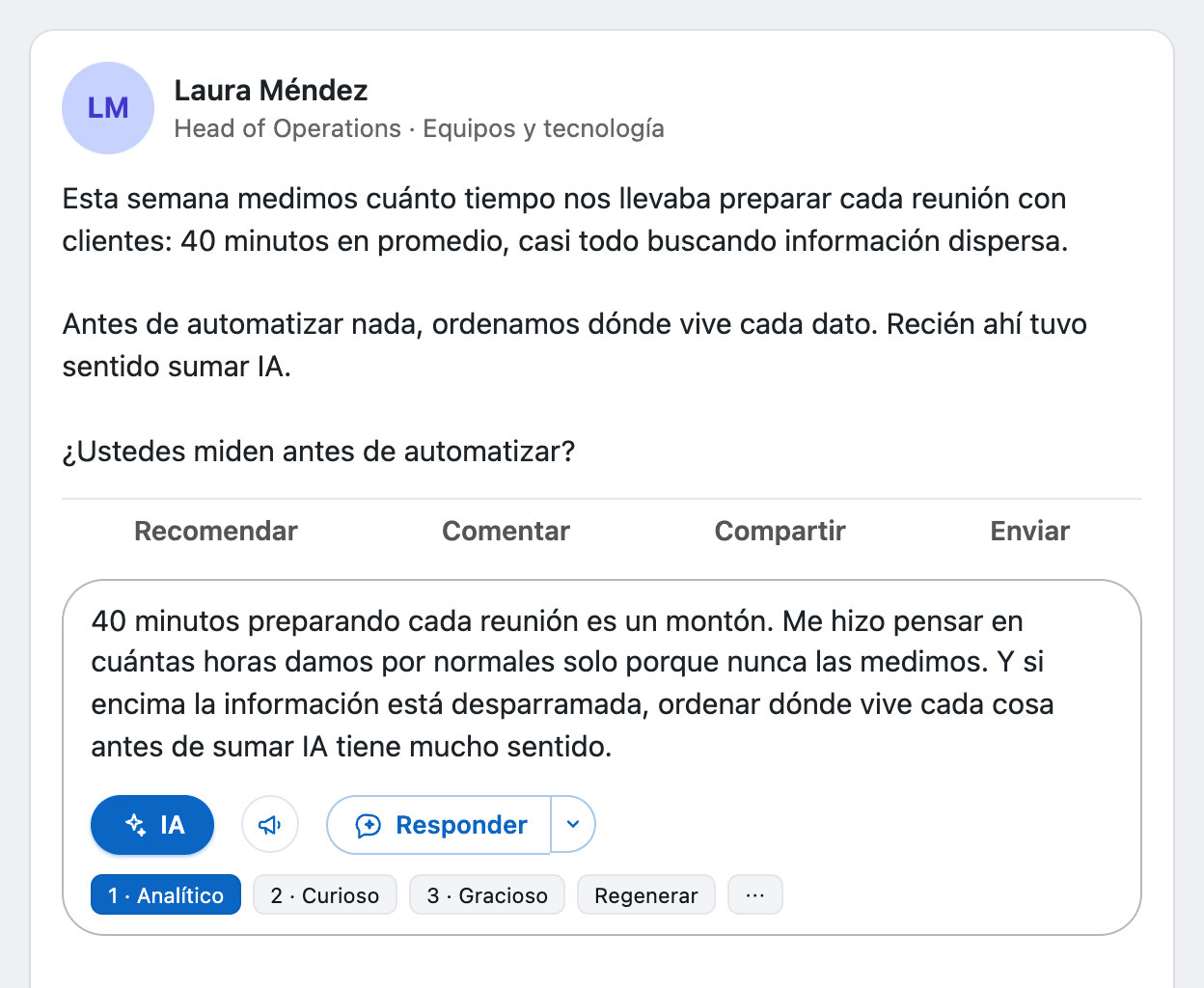 Brio dentro de una publicación: el borrador en la caja de comentarios y las variantes Analítico, Curioso y Gracioso.
